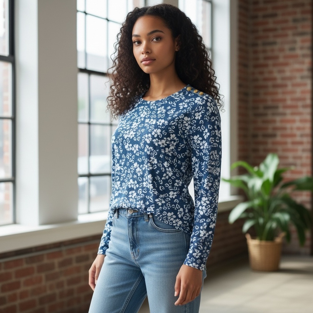Ann Taylor LOFT Floral Blue Long Sleeve Top Size XS Stretch Gold Button Detail - Picture 2 of 12
